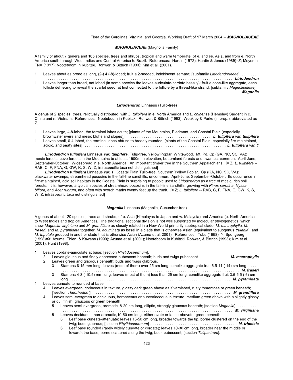 Flora of the Carolinas, Virginia, and Georgia, Working Draft of 17 March 2004 -- MAGNOLIACEAE