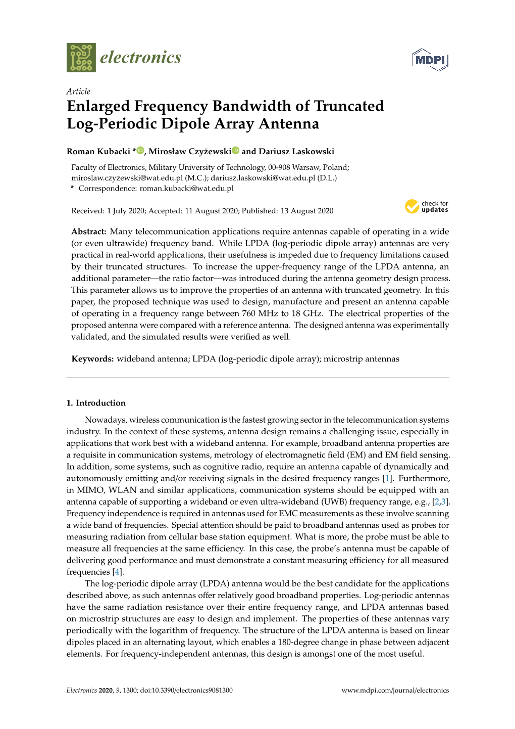 Enlarged Frequency Bandwidth of Truncated Log-Periodic Dipole Array Antenna