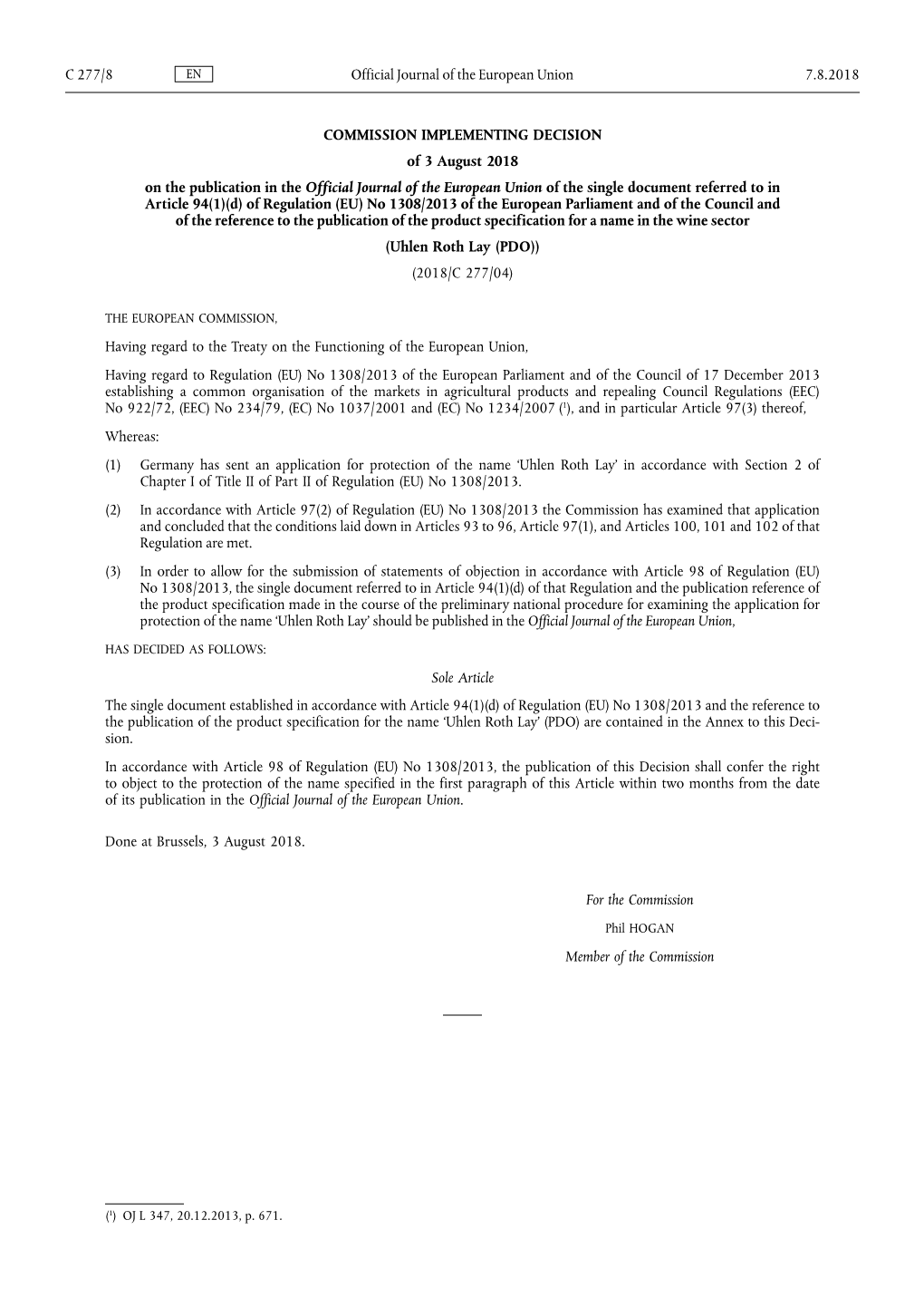 Commission Implementing Decision of 3 August 2018 on the Publication