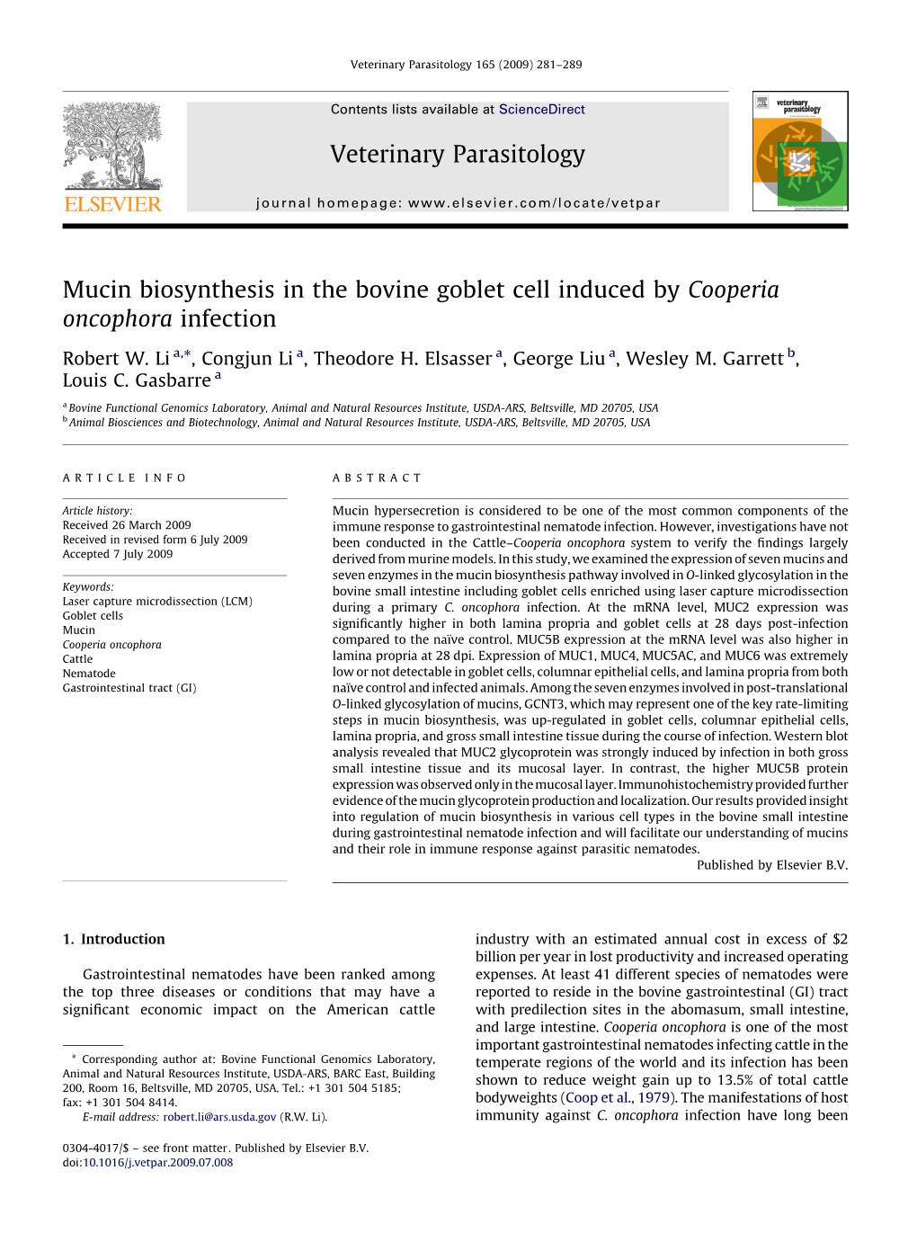 Mucin Biosynthesis in the Bovine Goblet Cell Induced by Cooperia Oncophora Infection