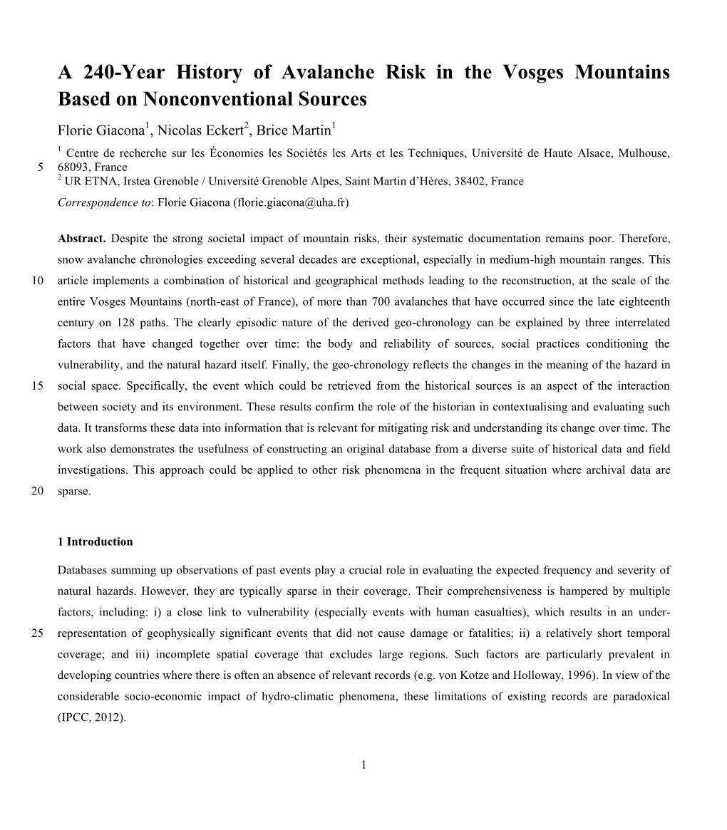 A 240-Year History of Avalanche Risk in the Vosges Mountains Based On