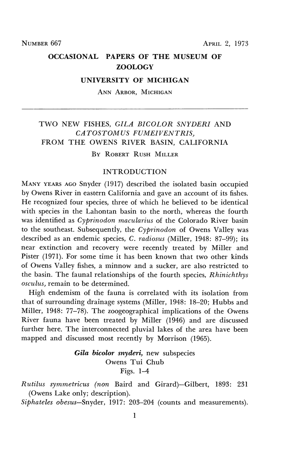 Number667 April2, 1973 Occasional Papeks of the Museum of Zoology University of Michigan Ann Arbor,Michigan