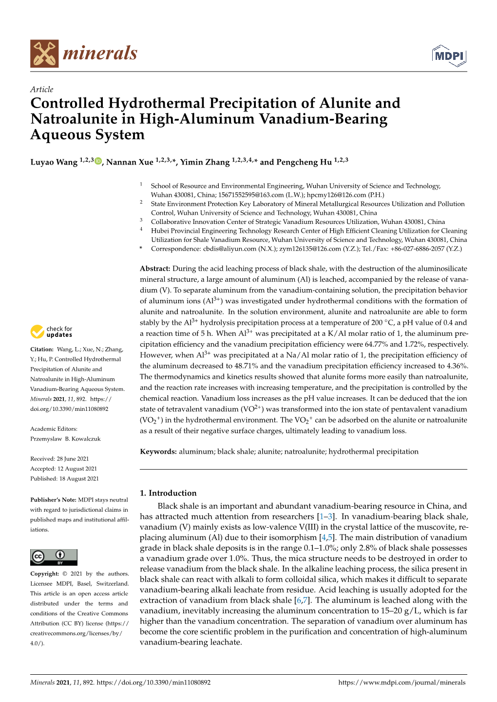 Controlled Hydrothermal Precipitation of Alunite and Natroalunite in High-Aluminum Vanadium-Bearing Aqueous System