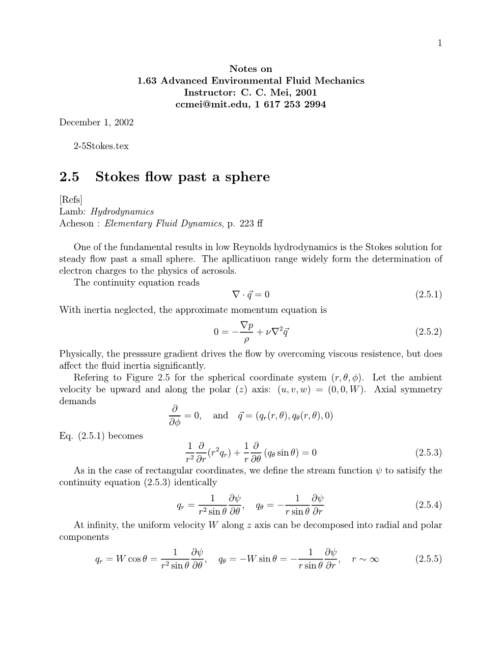 2.5 Stokes Flow Past a Sphere