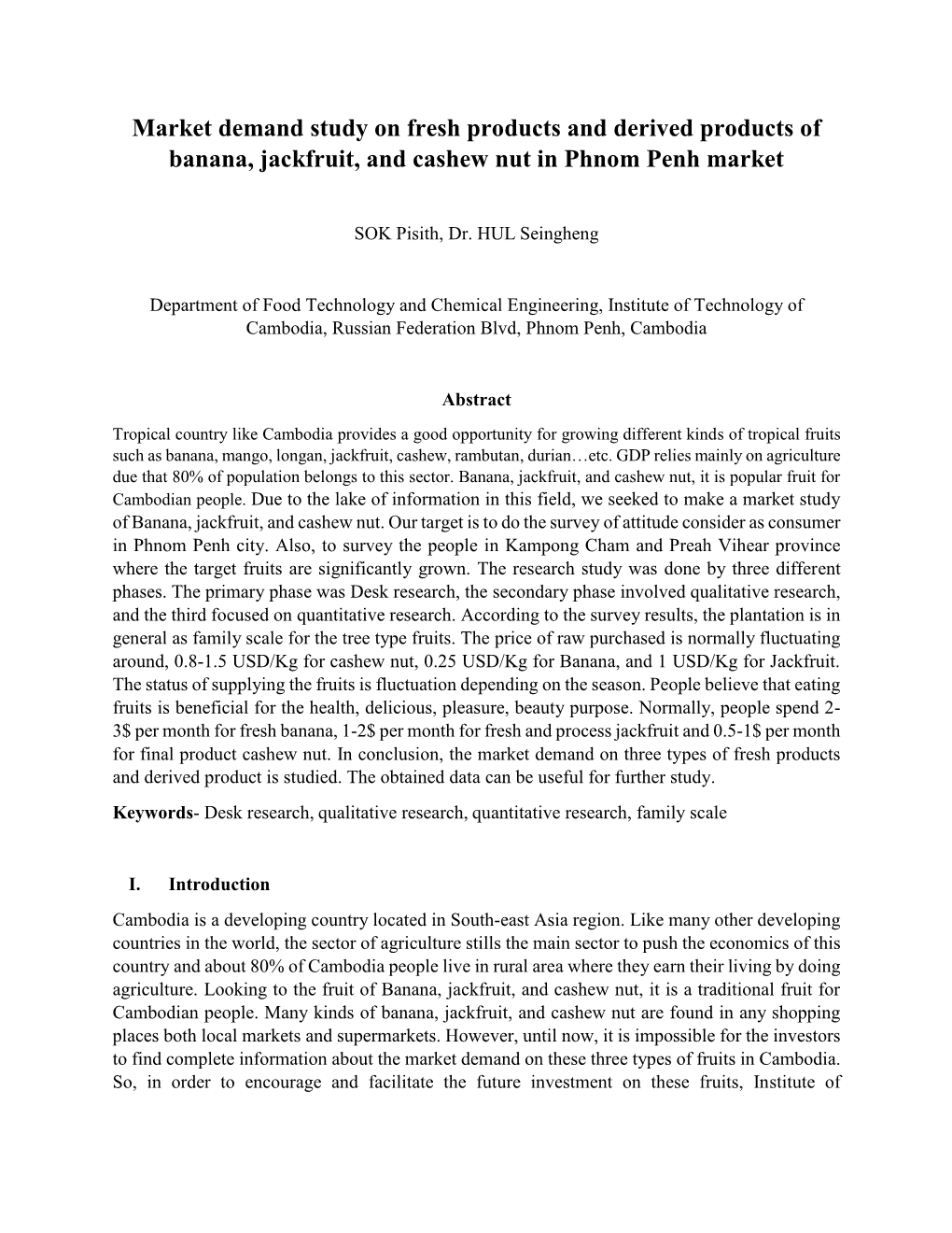 Market Demand Study on Fresh Products and Derived Products of Banana, Jackfruit, and Cashew Nut in Phnom Penh Market