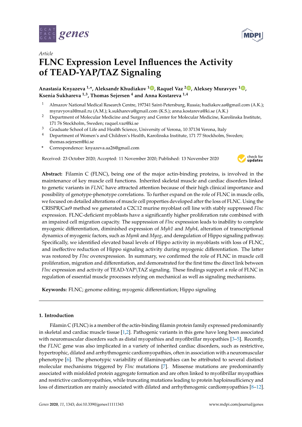 FLNC Expression Level Influences the Activity of TEAD-YAP/TAZ Signaling