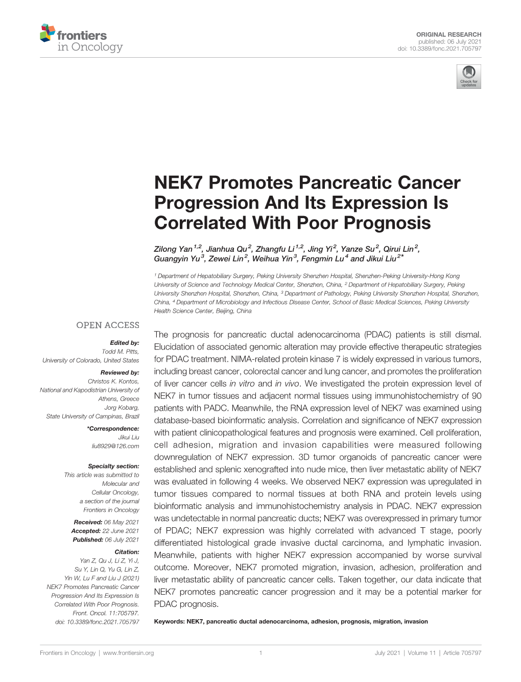 NEK7 Promotes Pancreatic Cancer Progression and Its Expression Is Correlated with Poor Prognosis