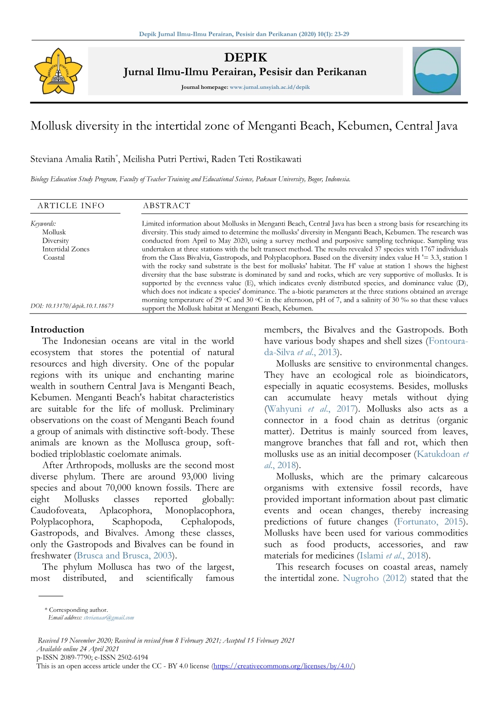 DEPIK Mollusk Diversity in the Intertidal Zone of Menganti Beach