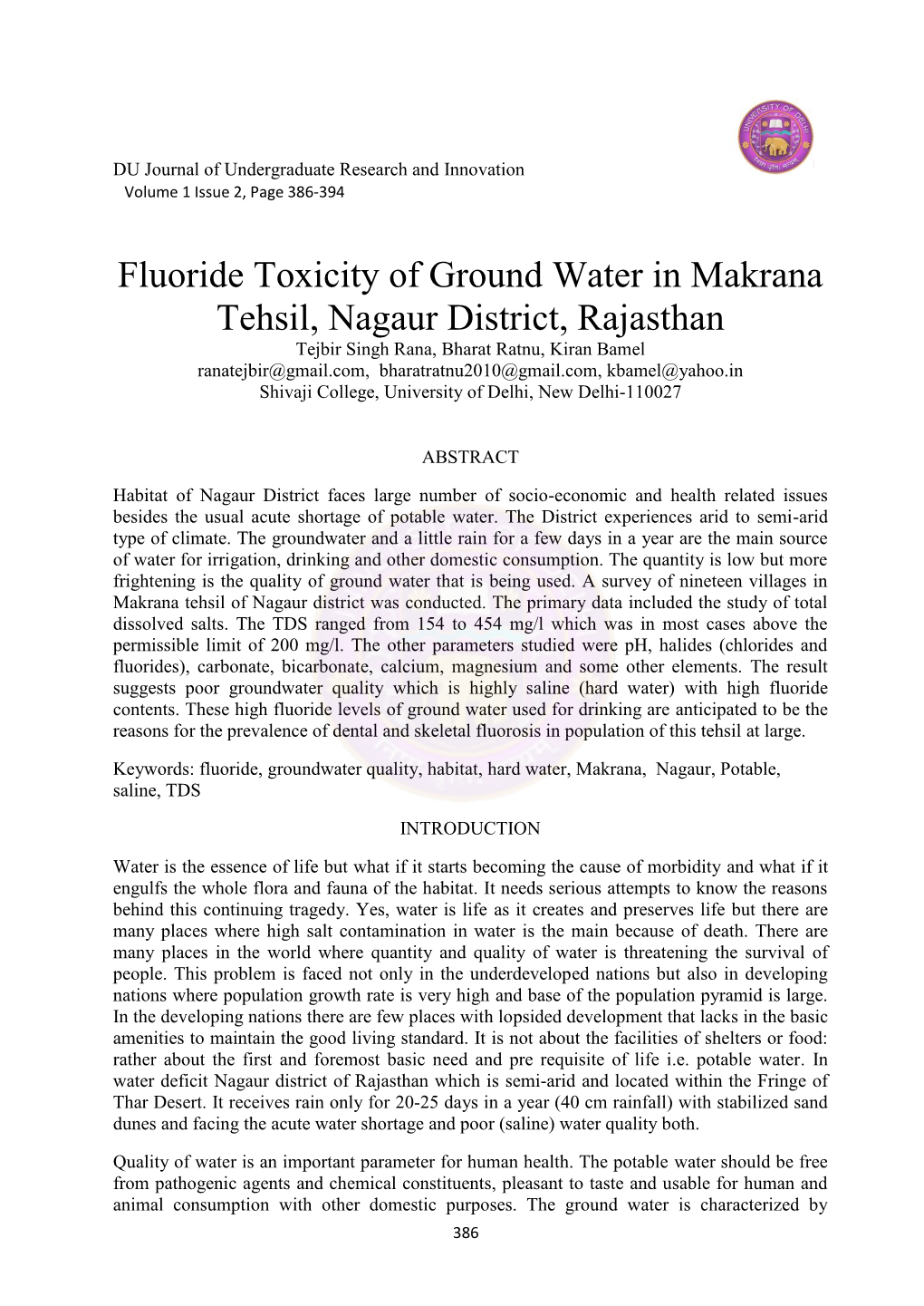 Fluoride Toxicity of Ground Water in Makrana Tehsil, Nagaur District