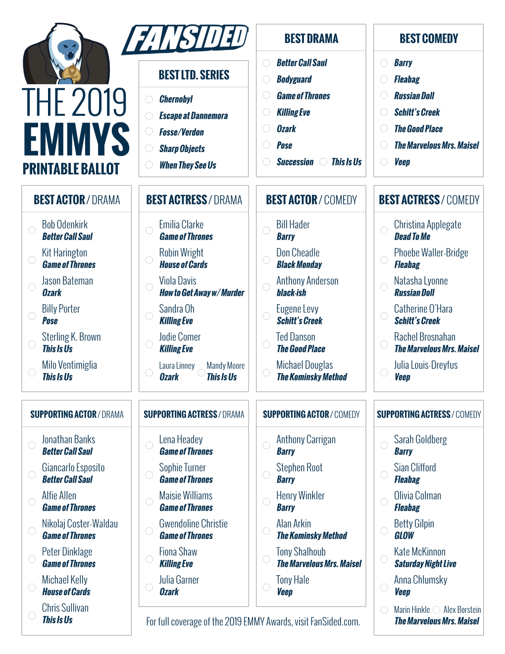 THE 2019 Escape at Dannemora Killing Eve Schitt’S Creek Fosse/Verdon Ozark the Good Place EMMYS Sharp Objects Pose the Marvelous Mrs