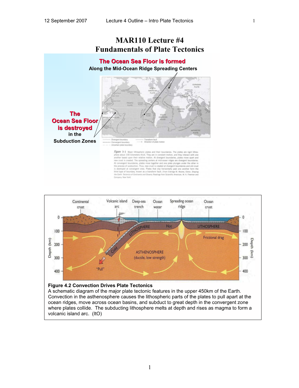 MAR110 Lecture #4 Fundamentals of Plate Tectonics the Ocean Sea Floor Is Formed Along the Mid-Ocean Ridge Spreading Centers