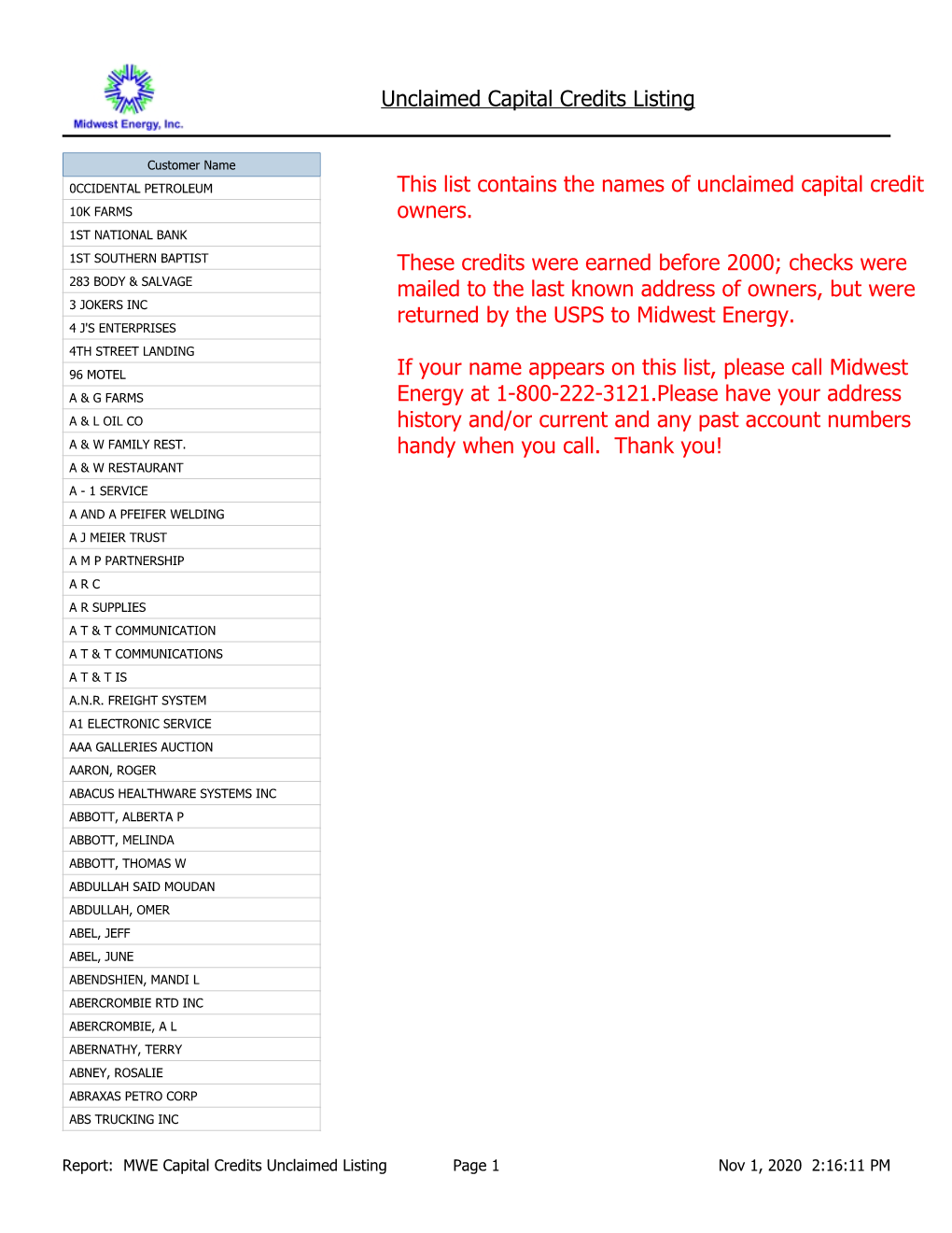 Unclaimed Capital Credits Listing