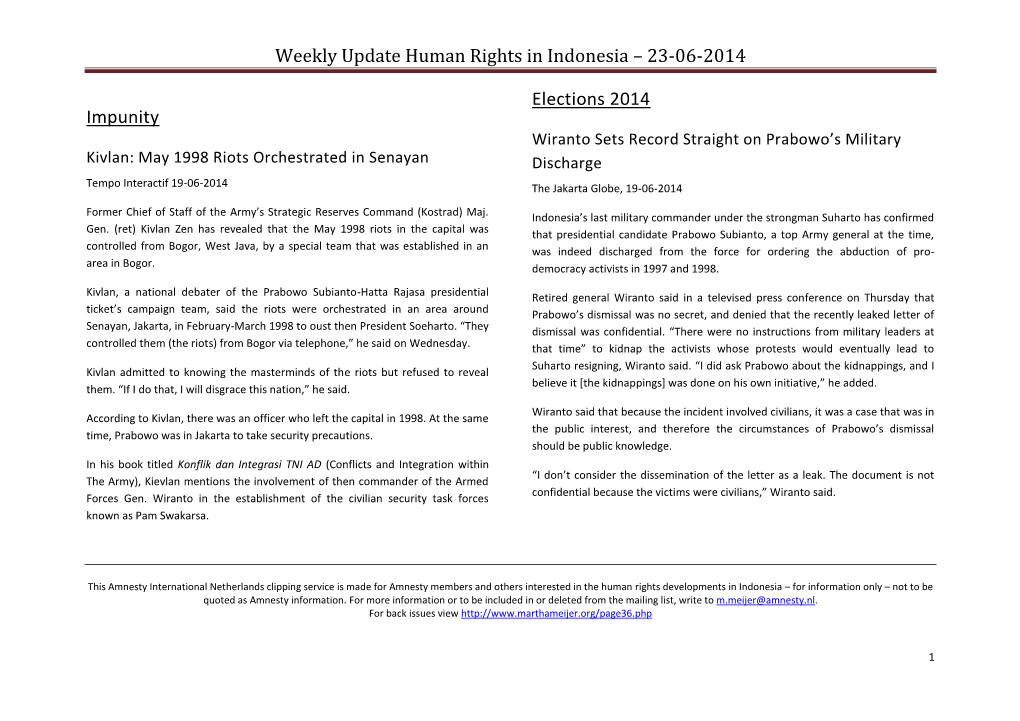 Weekly Update Human Rights in Indonesia – 23-06-2014 Impunity