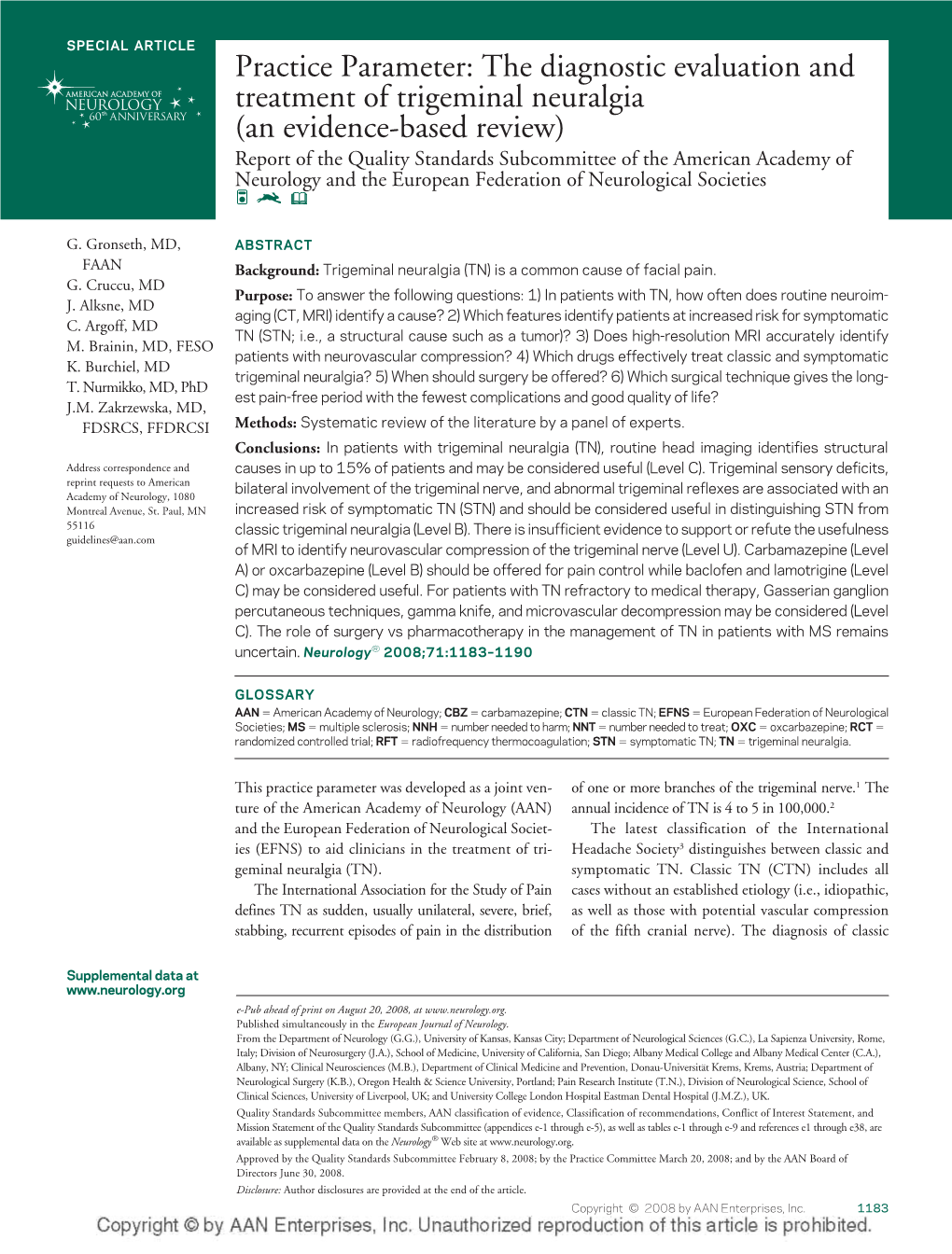 The Diagnostic Evaluation and Treatment of Trigeminal Neuralgia