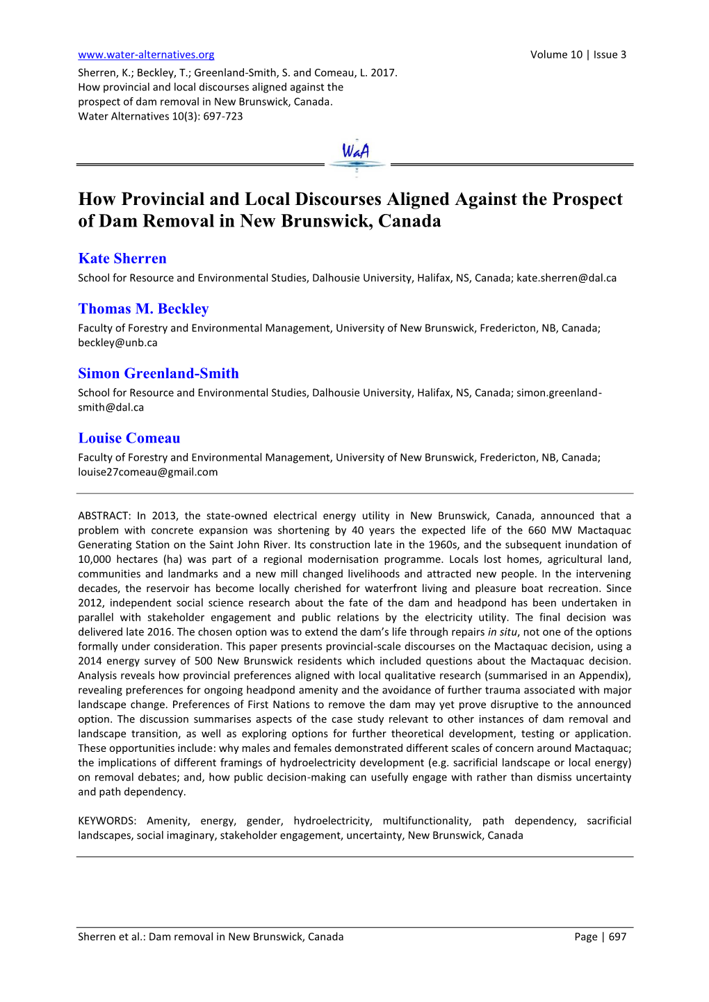 How Provincial and Local Discourses Aligned Against the Prospect of Dam Removal in New Brunswick, Canada