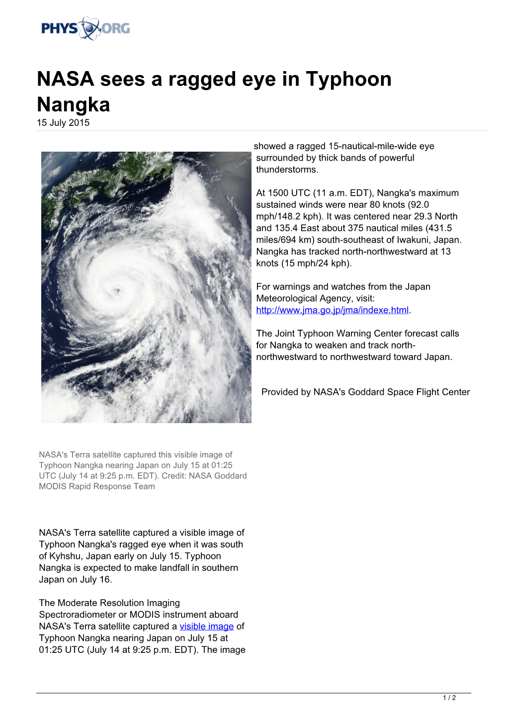 NASA Sees a Ragged Eye in Typhoon Nangka 15 July 2015