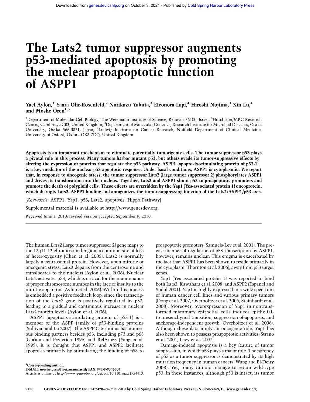 The Lats2 Tumor Suppressor Augments P53-Mediated Apoptosis by Promoting the Nuclear Proapoptotic Function of ASPP1