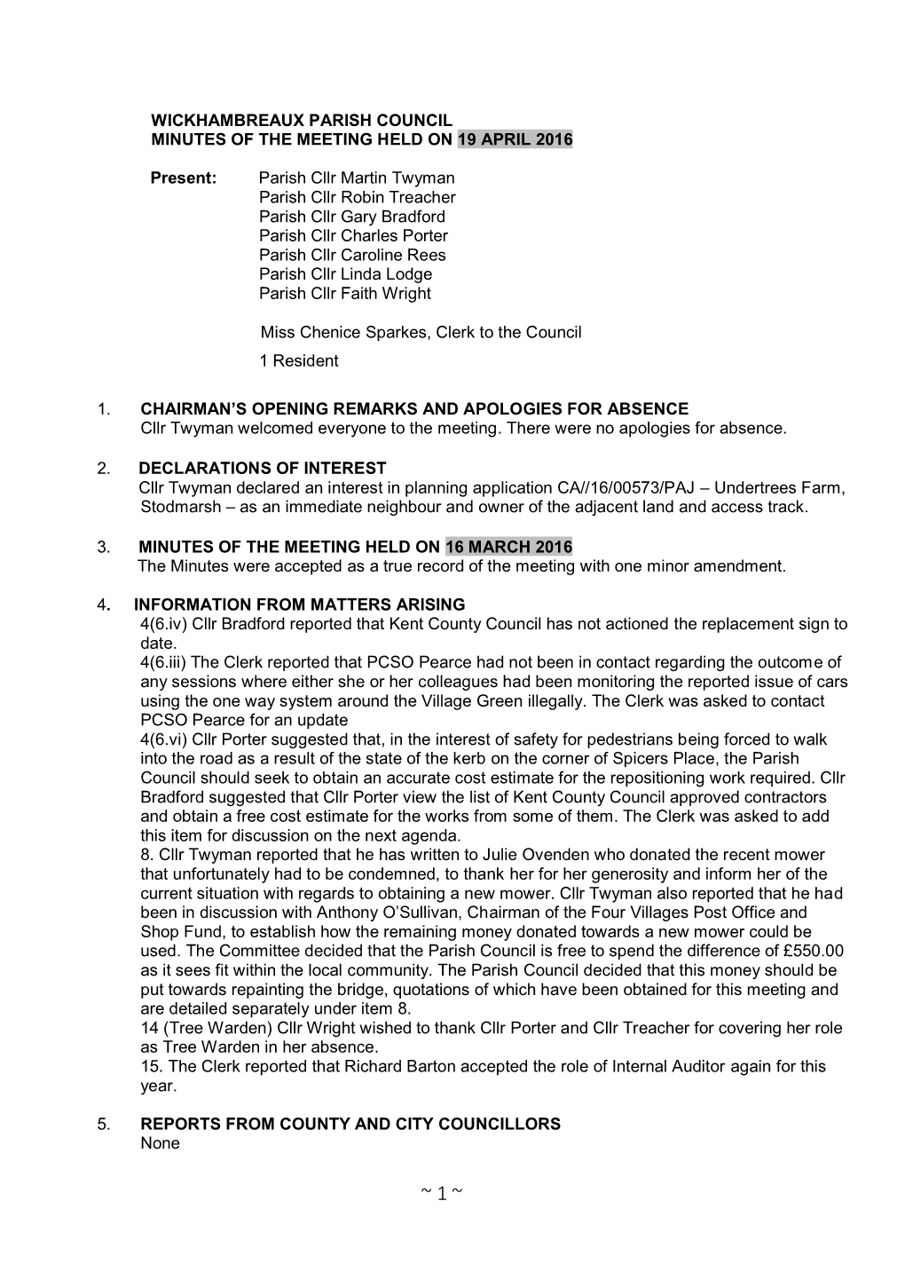 Wickhambreaux Parish Council Minutes of the Meeting Held on 19 April 2016
