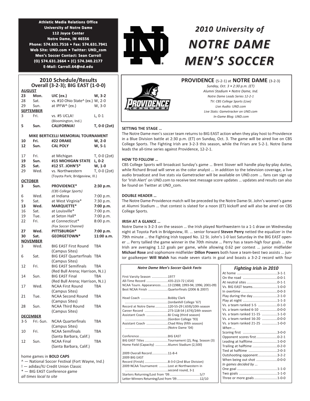 Notre Dame Men's Soccer Notre Dame Combined Team Statistics (As of Sep 30, 2010) All Games