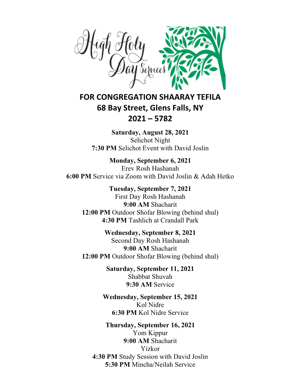 FOR CONGREGATION SHAARAY TEFILA 68 Bay Street, Glens Falls, NY 2021 – 5782