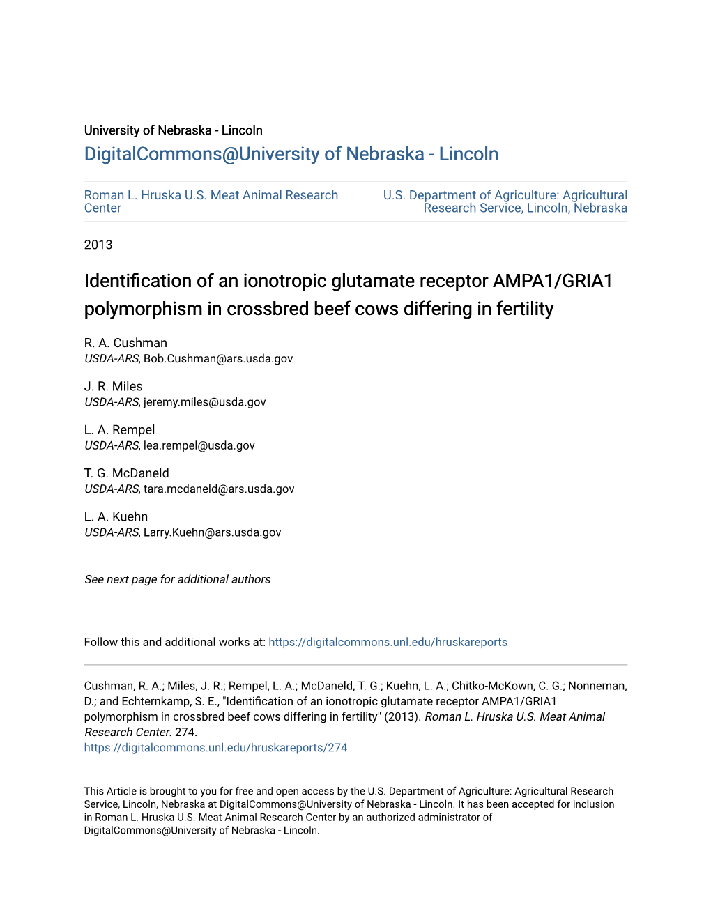 Identification of an Ionotropic Glutamate Receptor AMPA1/GRIA1 Polymorphism in Crossbred Beef Cows Differing in Fertility