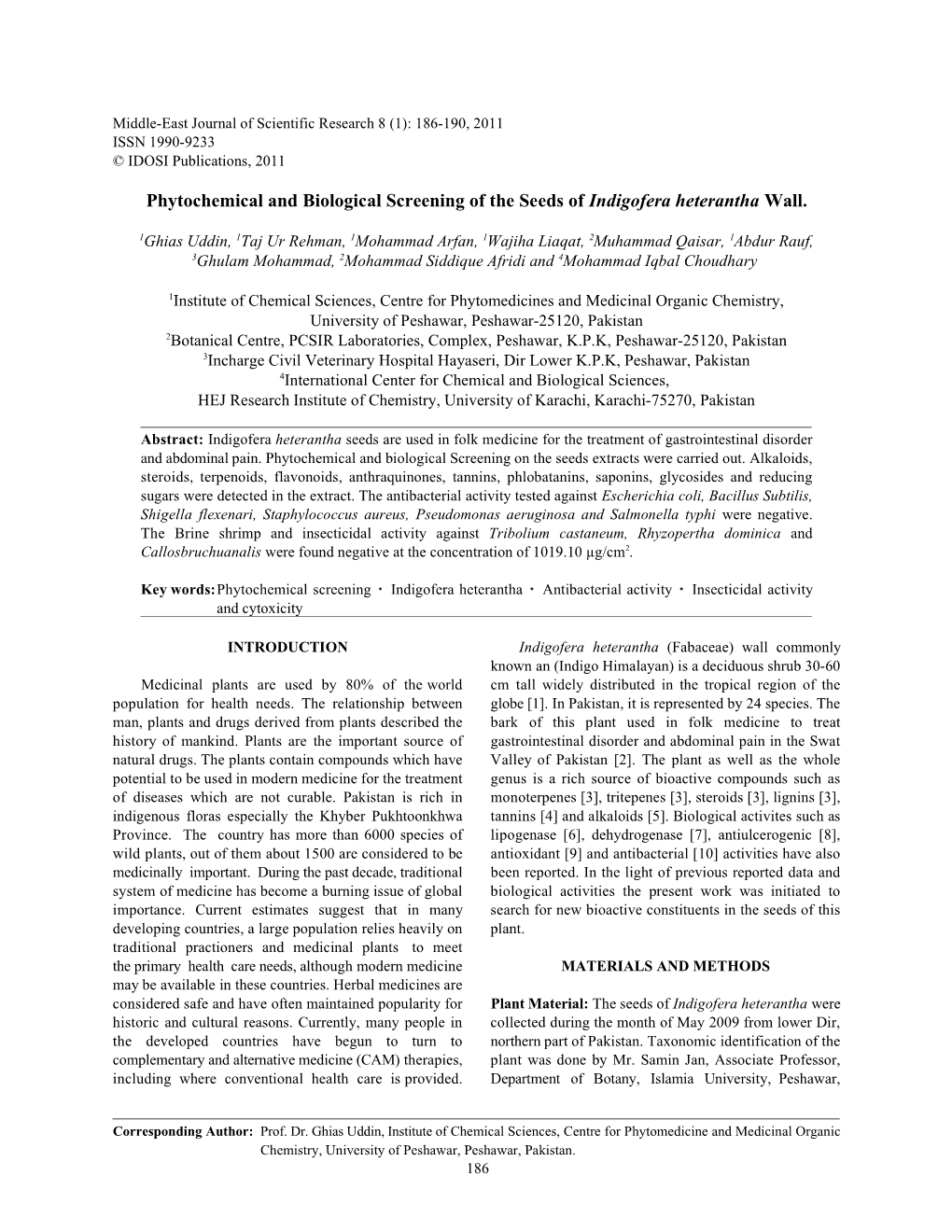 Phytochemical and Biological Screening of the Seeds of Indigofera Heterantha Wall