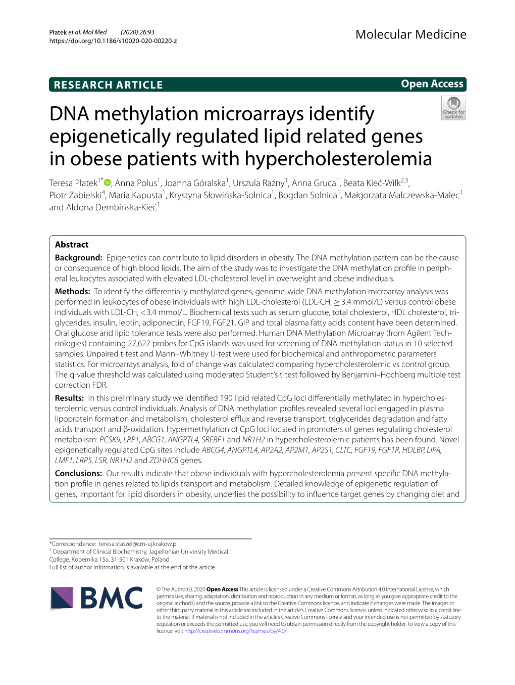 DNA Methylation Microarrays Identify Epigenetically Regulated Lipid