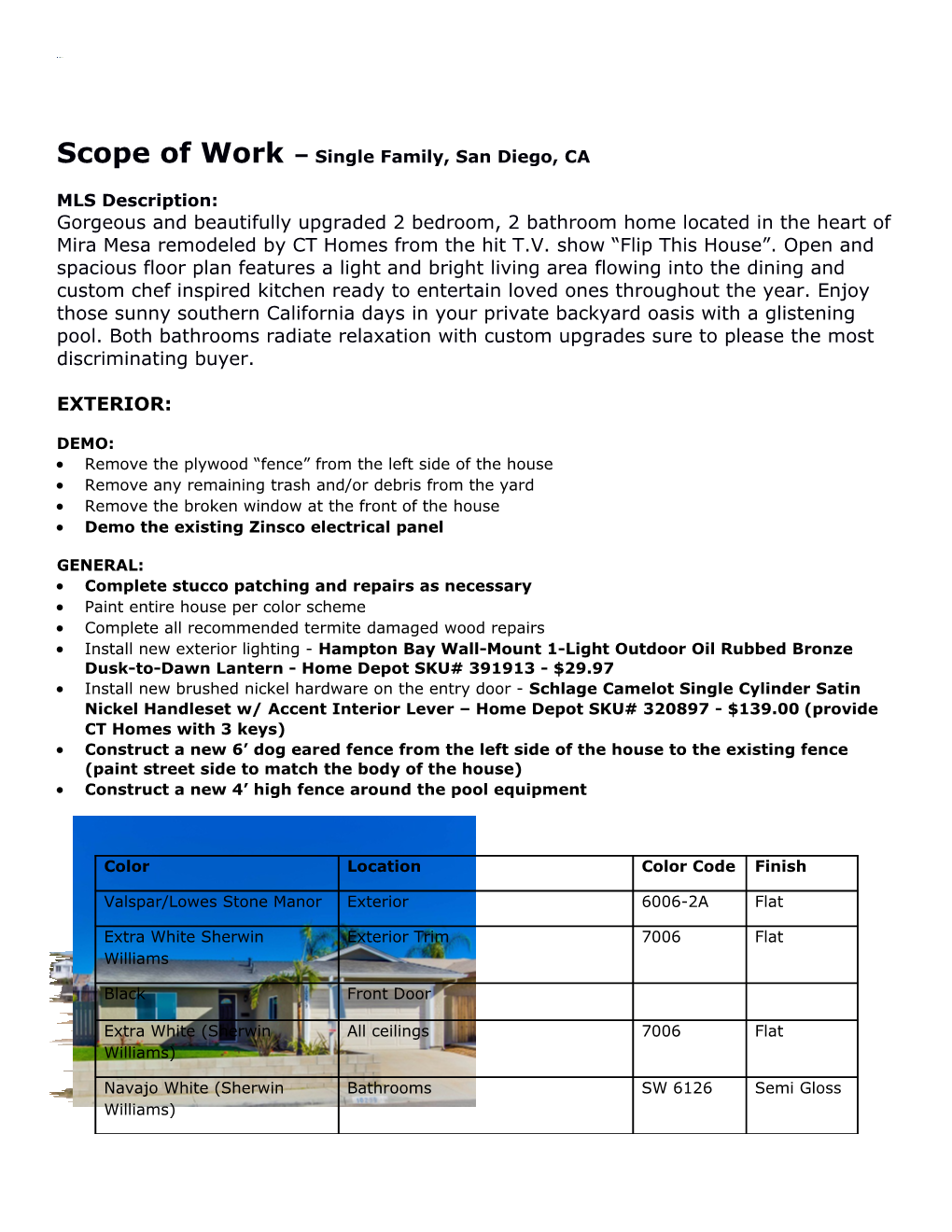 Scope of Work Single Family, San Diego, CA