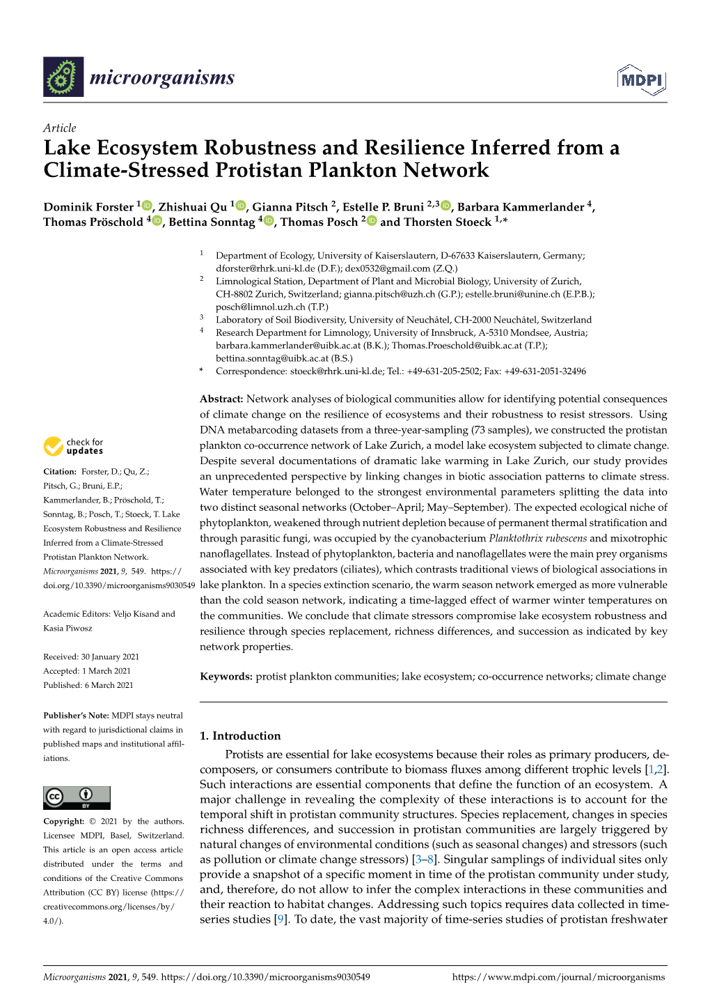 Lake Ecosystem Robustness and Resilience Inferred from a Climate-Stressed Protistan Plankton Network