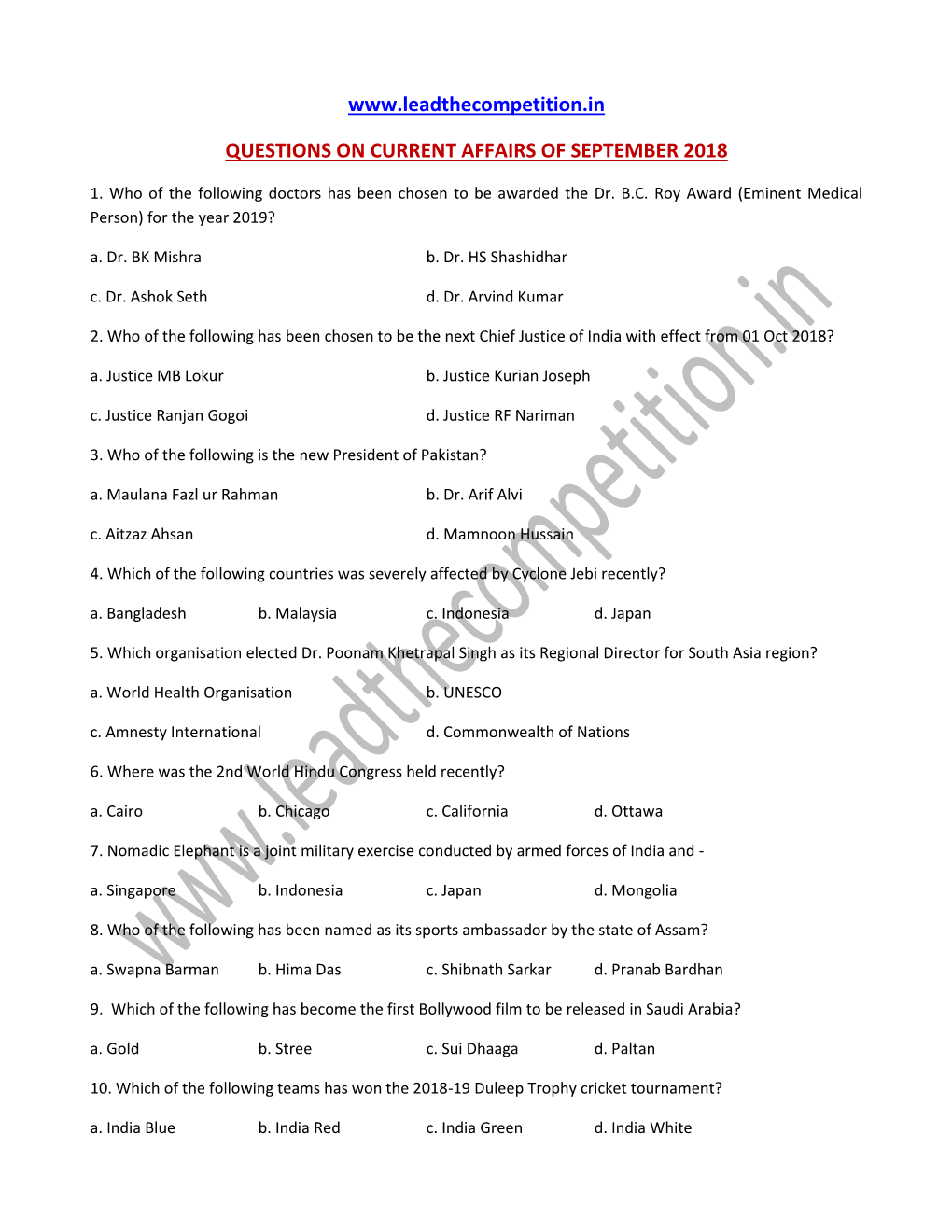 Current Affairs Questions September 2018