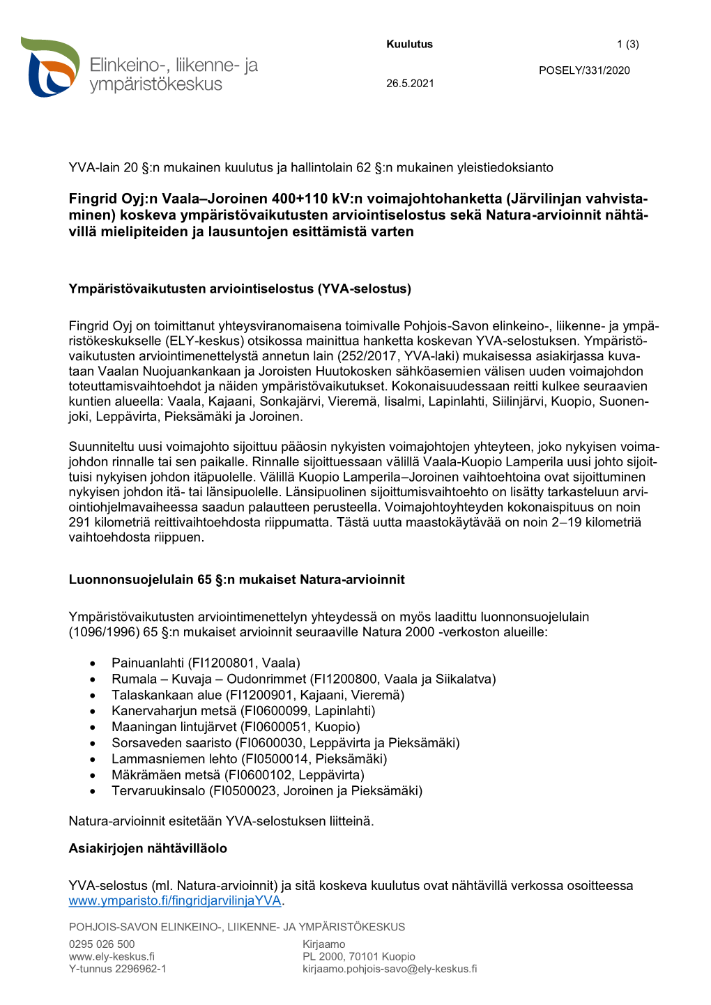 Fingrid Oyj:N Vaala–Joroinen 400+110 Kv:N Voimajohtohanketta