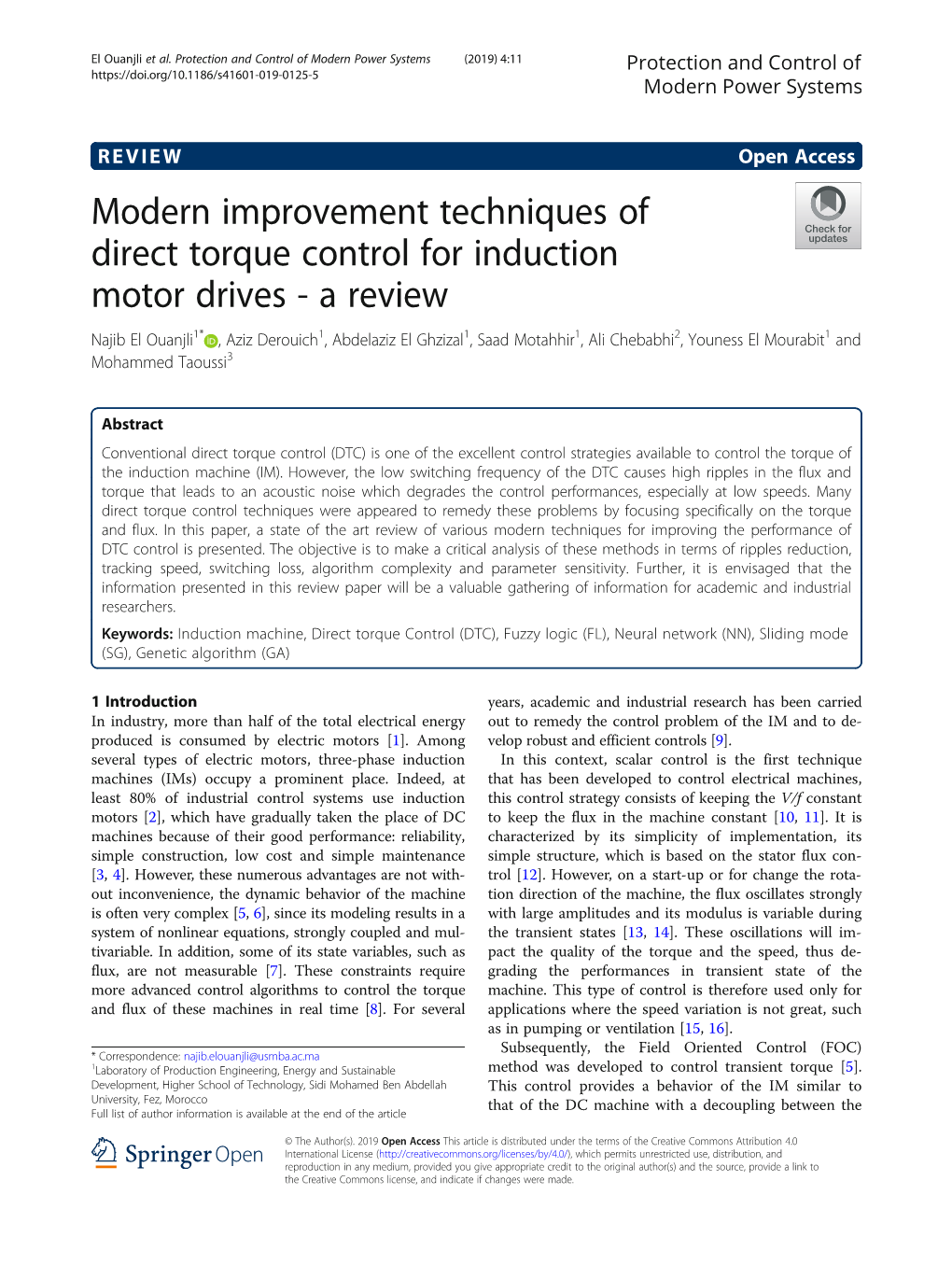 Modern Improvement Techniques of Direct Torque Control for Induction