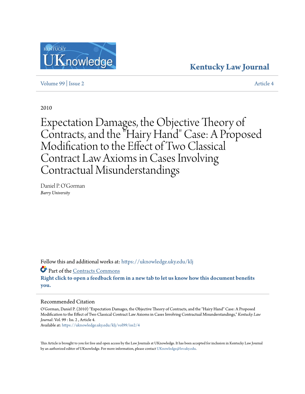 Expectation Damages, the Objective Theory of Contracts, And