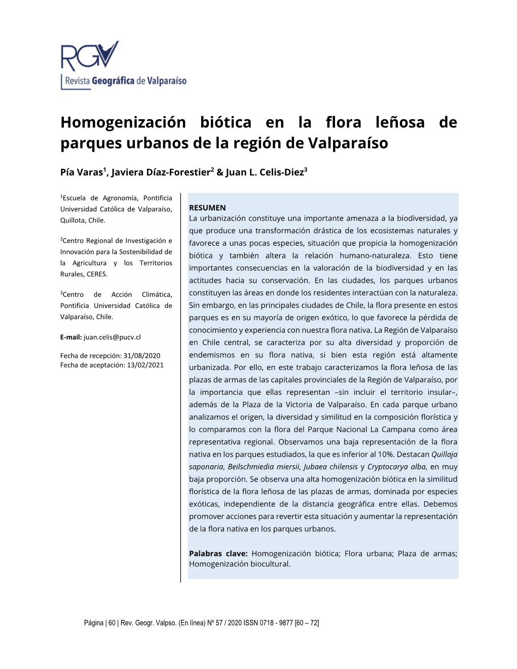 Homogenización Biótica En La Flora Leñosa De Parques Urbanos De La Región De Valparaíso