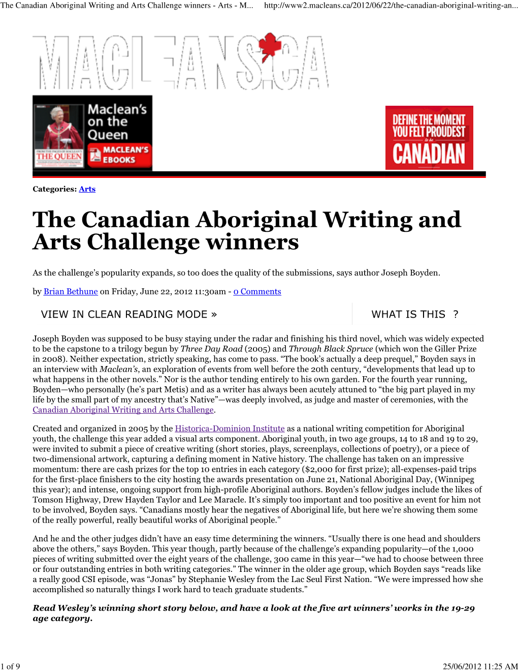 The Canadian Aboriginal Writing and Arts Challenge Winners - Arts - M