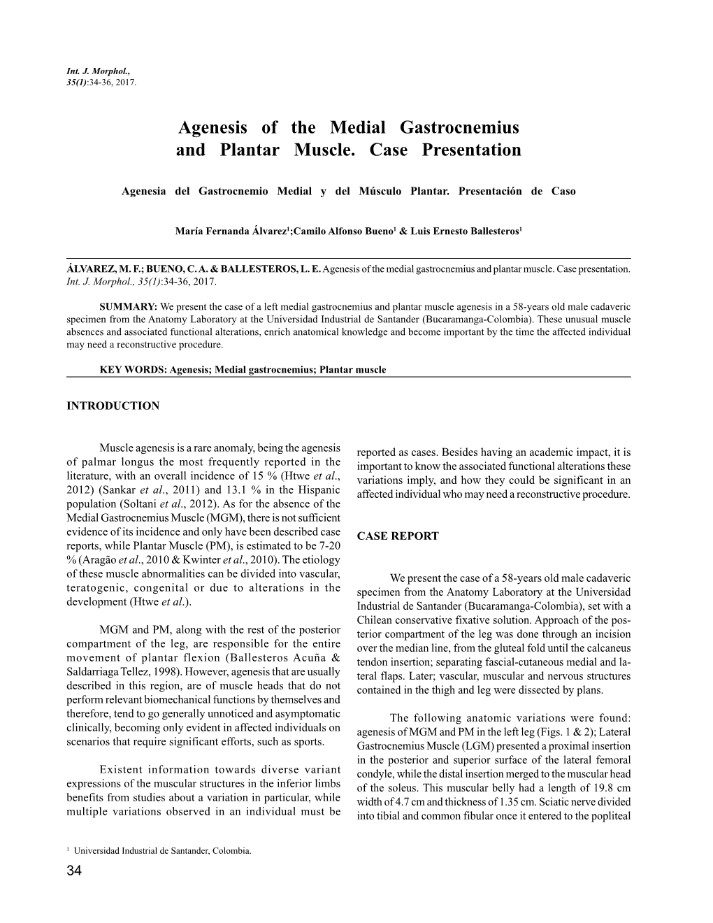 Agenesis of the Medial Gastrocnemius and Plantar Muscle. Case Presentation