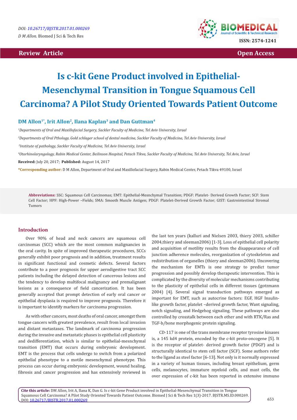 Is C-Kit Gene Product Involved in Epithelial- Mesenchymal Transition in Tongue Squamous Cell Carcinoma? a Pilot Study Oriented Towards Patient Outcome