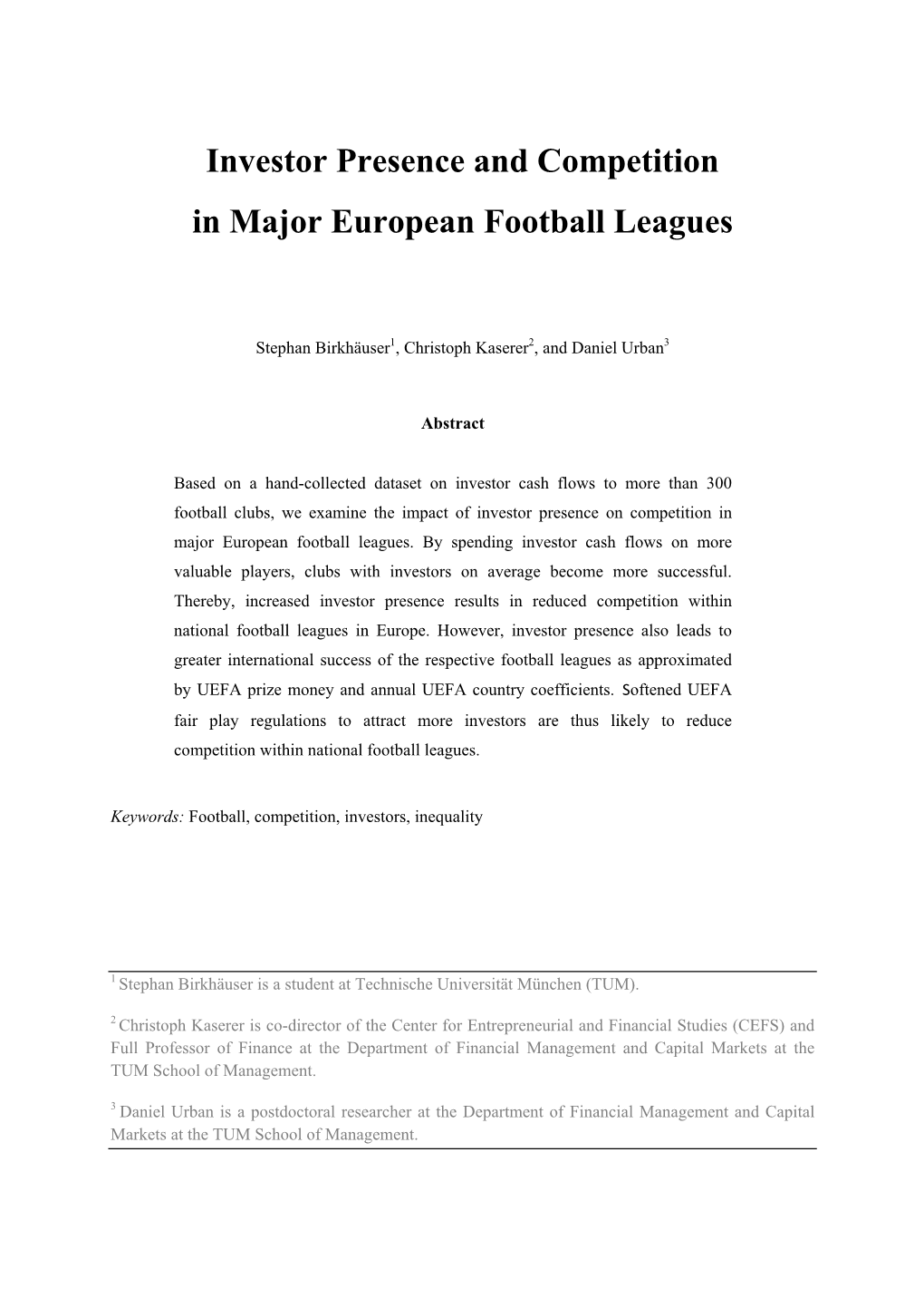 Investor Presence and Competition in Major European Football Leagues