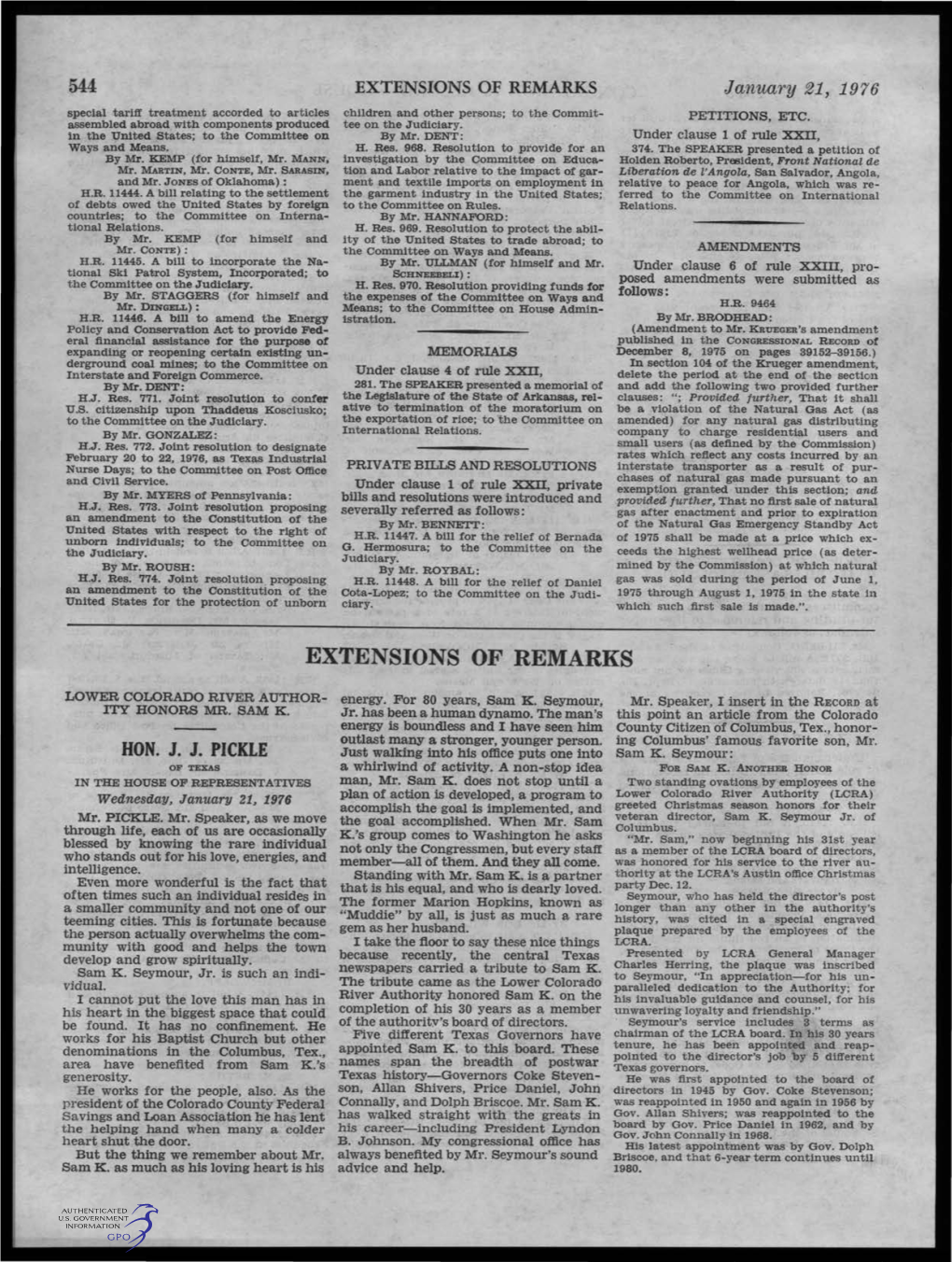 EXTENSIONS of REMARKS January 21, 1976 Special Tariff Treatment Accorded to Articles Children and Other Persons; to the Commit­ PETITIONS, ETC