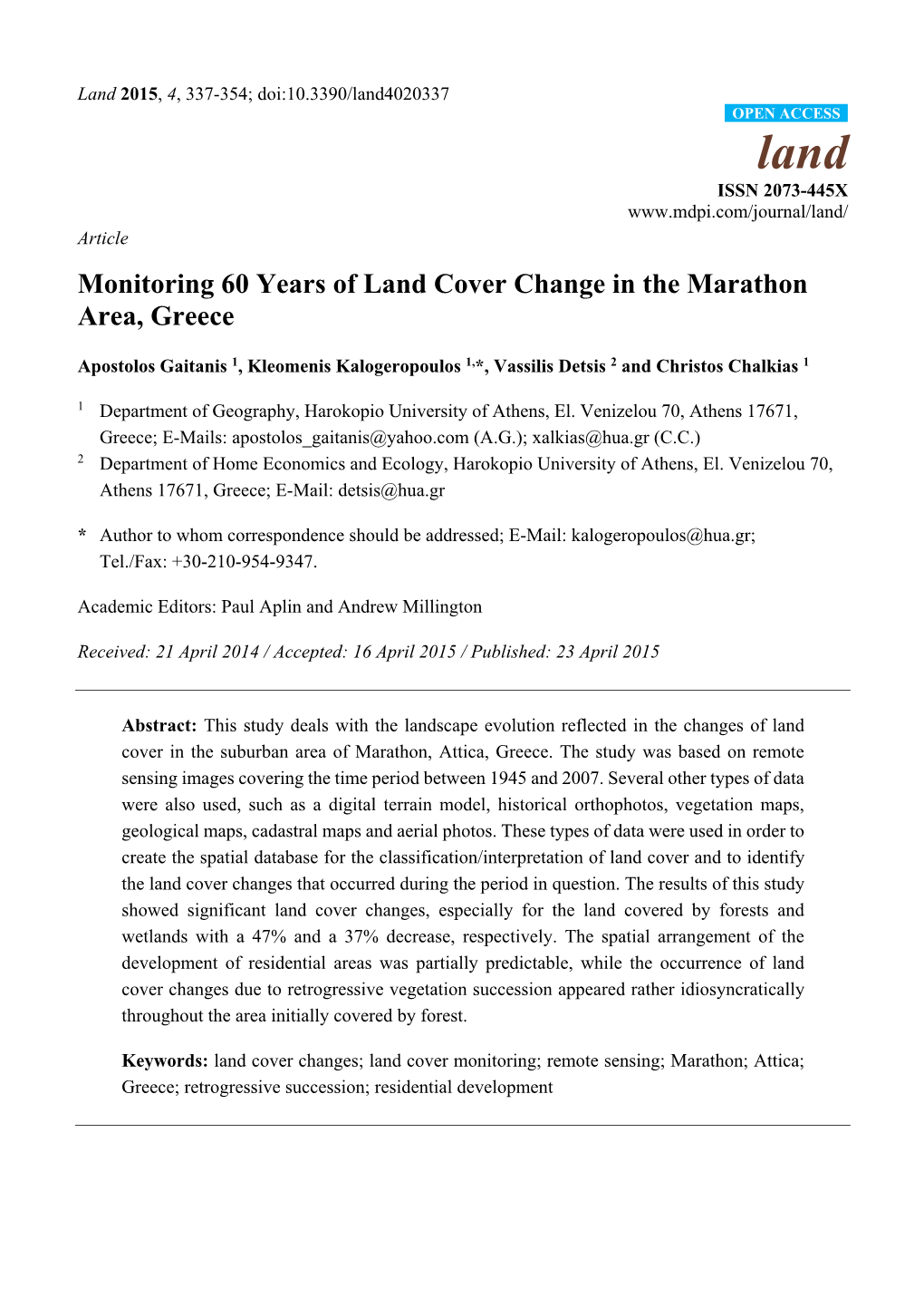 Monitoring 60 Years of Land Cover Change in the Marathon Area, Greece