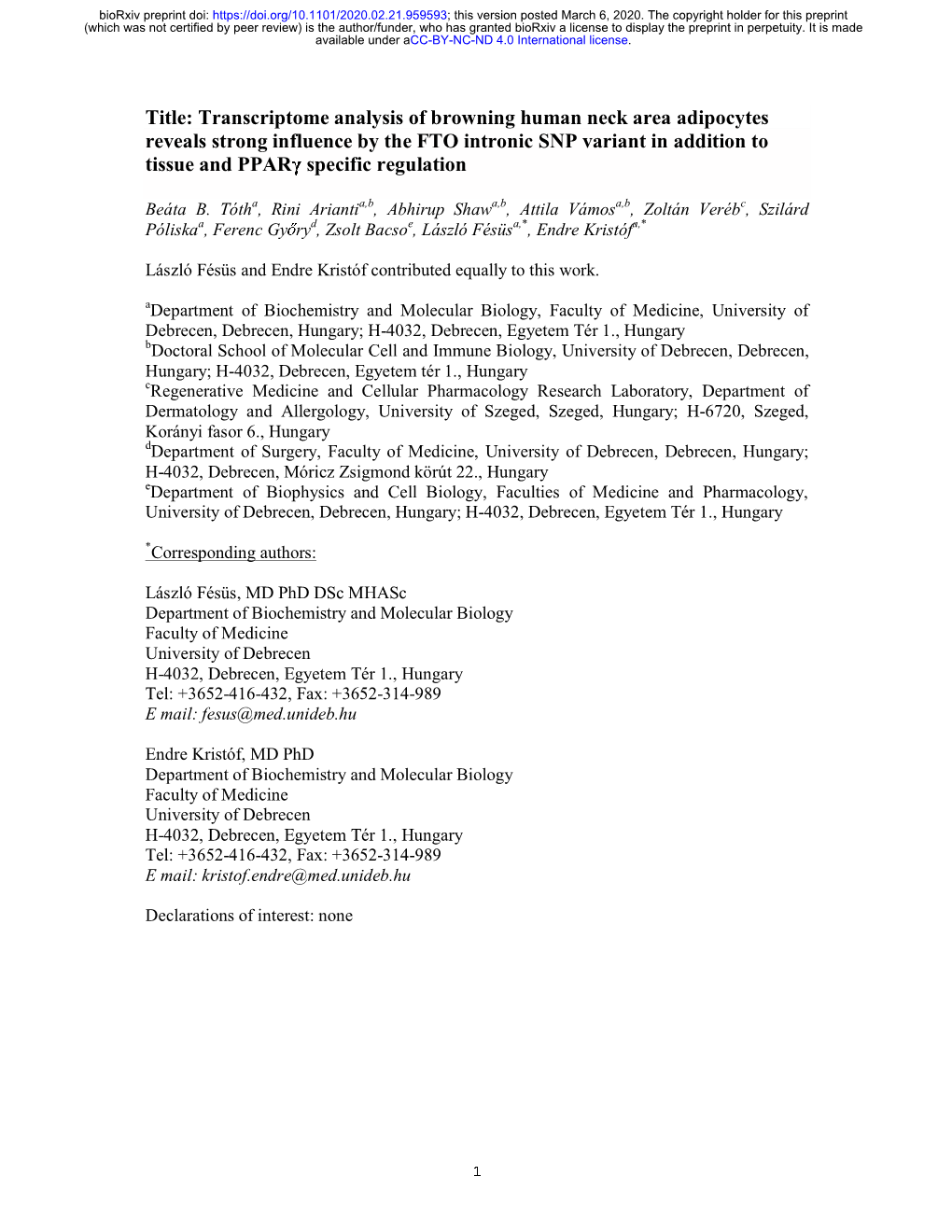 Transcriptome Analysis of Browning Human Neck Area Adipocytes Reveals Strong Influence by the FTO Intronic SNP Variant In