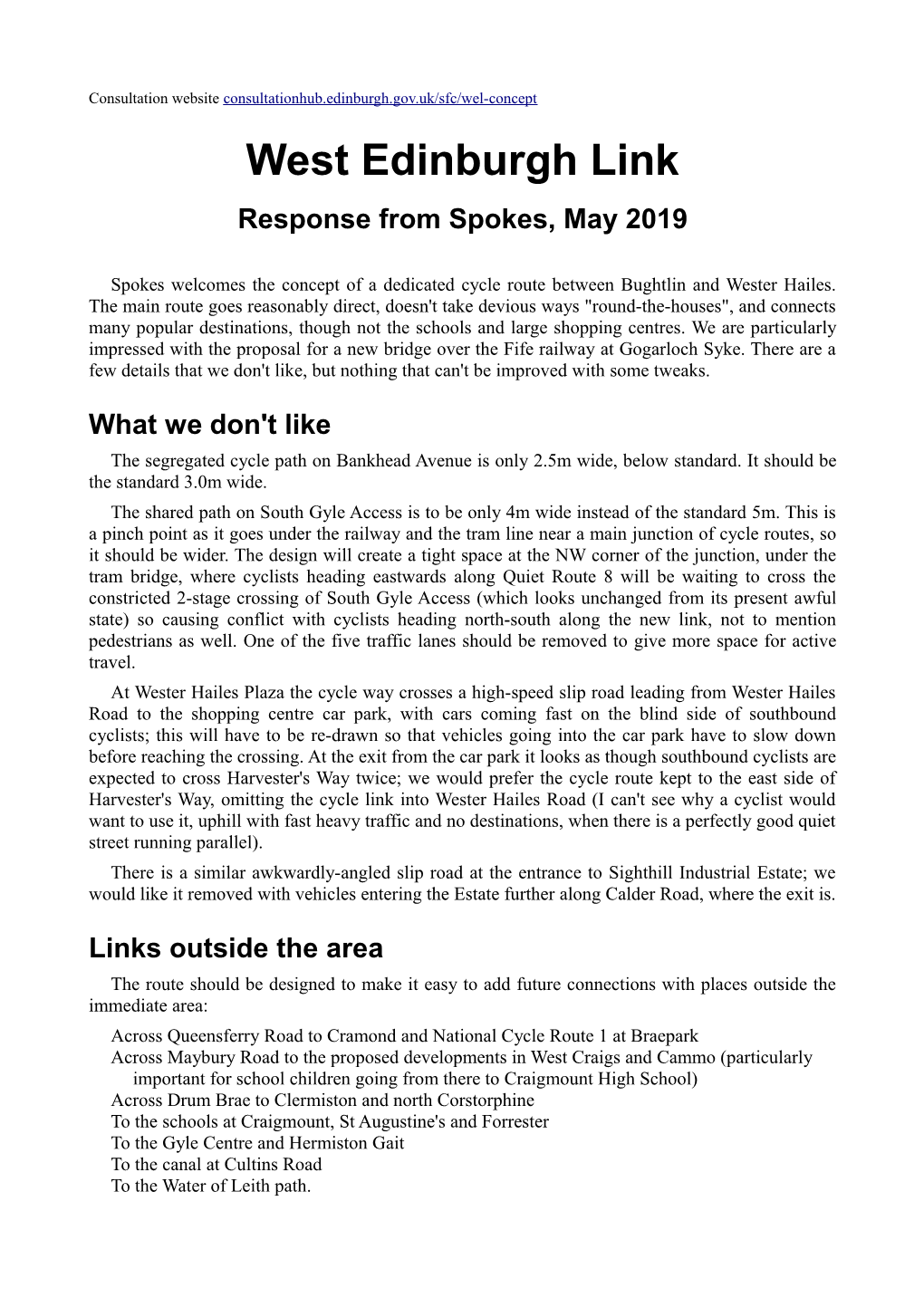 West Edinburgh Link Response from Spokes, May 2019