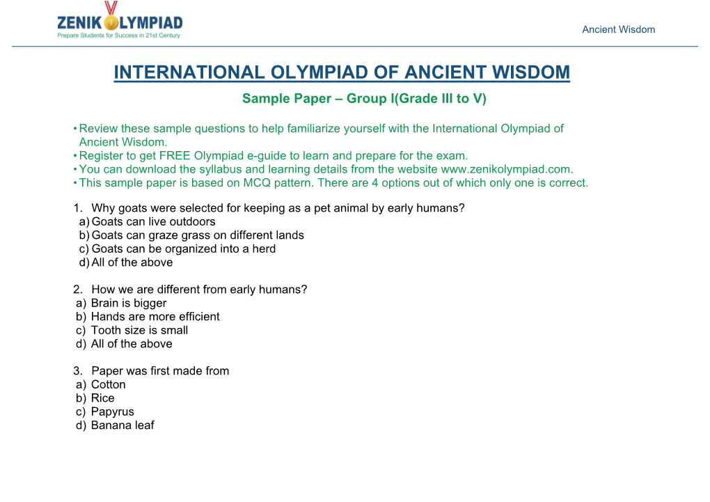 INTERNATIONAL OLYMPIAD of ANCIENT WISDOM Sample Paper – Group I(Grade III to V)