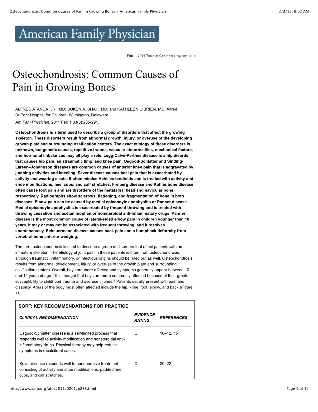 Osteochondrosis: Common Causes of Pain in Growing Bones - American Family Physician 2/3/15, 9:02 AM