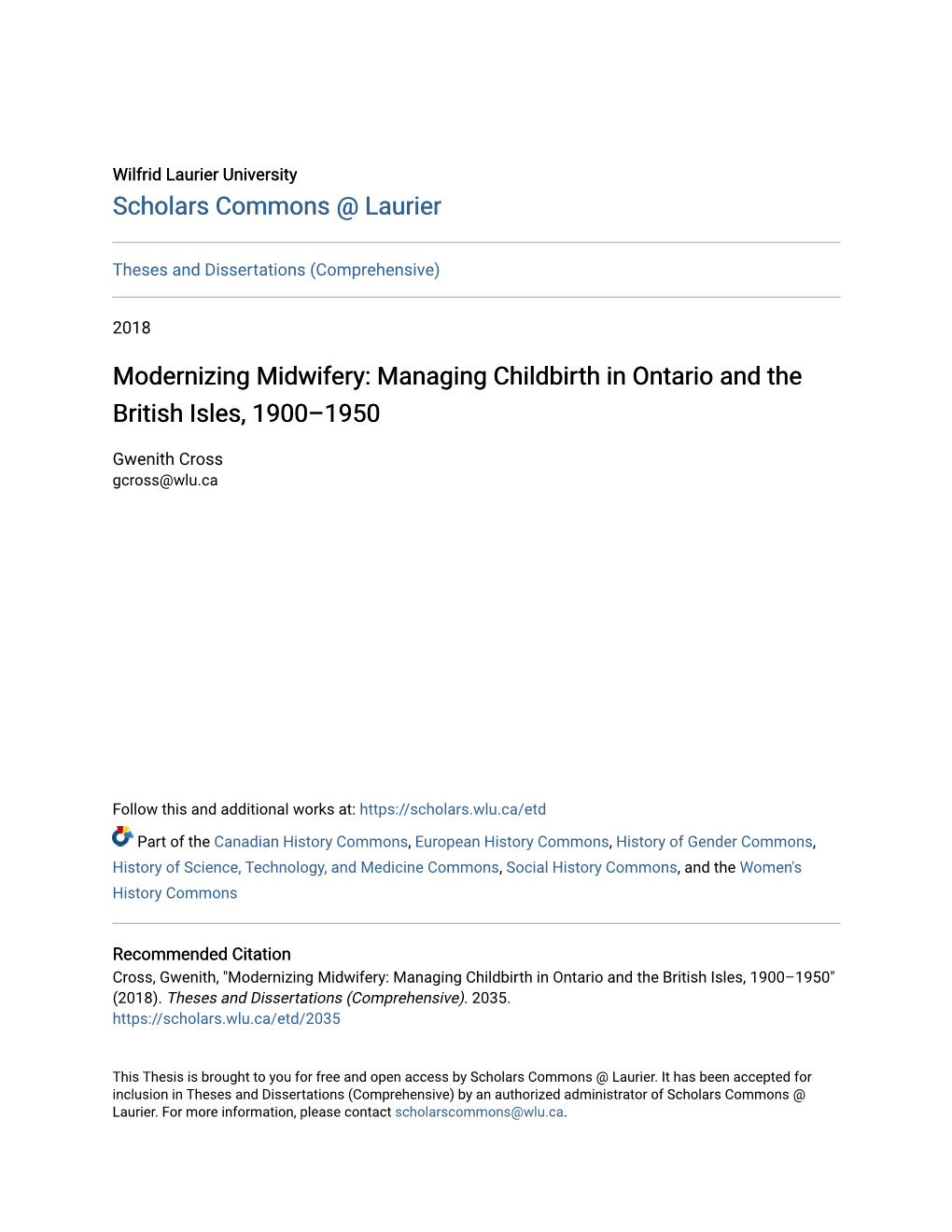 Modernizing Midwifery: Managing Childbirth in Ontario and the British Isles, 1900–1950