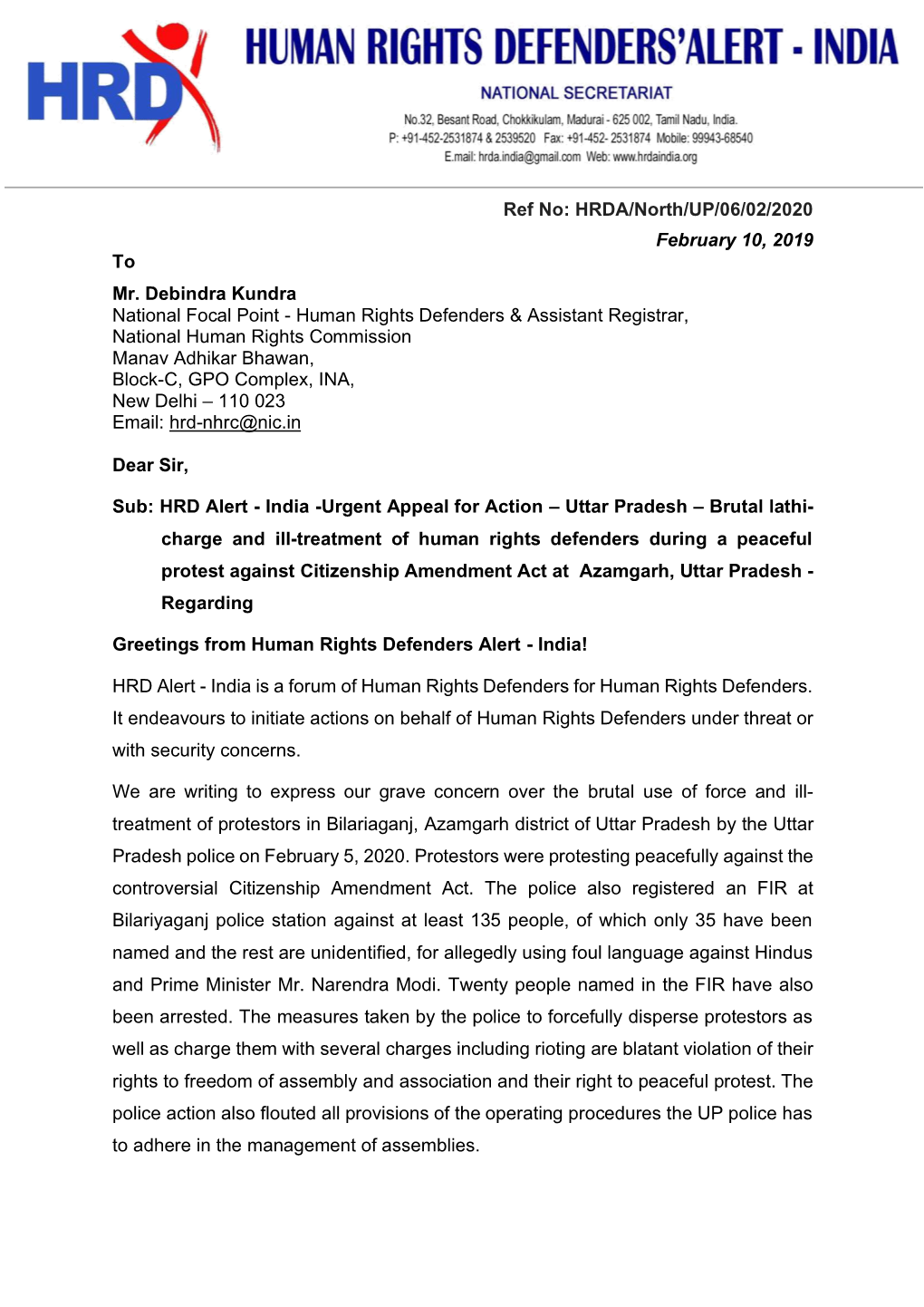 HRDA/North/UP/06/02/2020 February 10, 2019 to Mr. Debindra Kundra