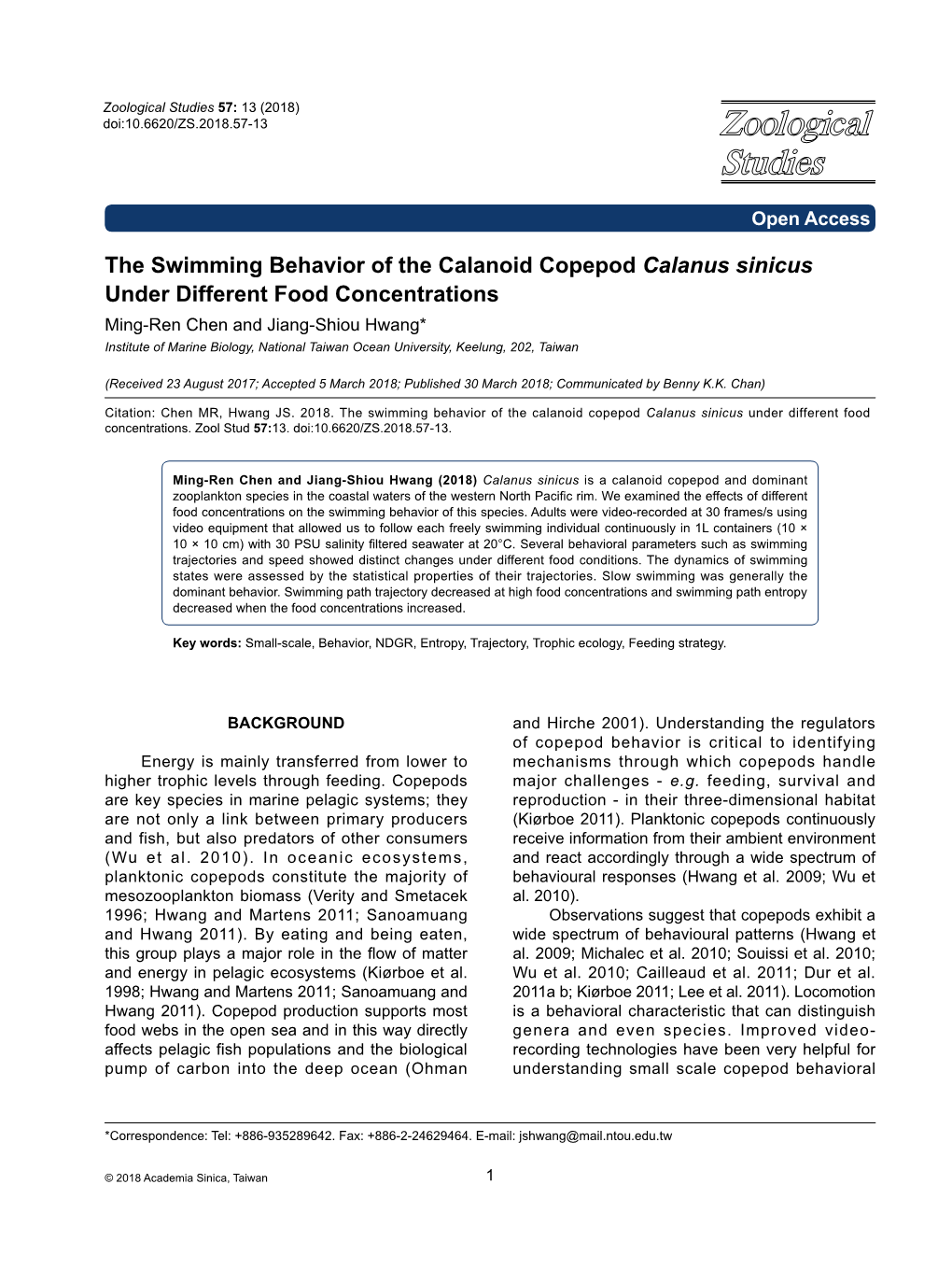 The Swimming Behavior of the Calanoid Copepod Calanus Sinicus