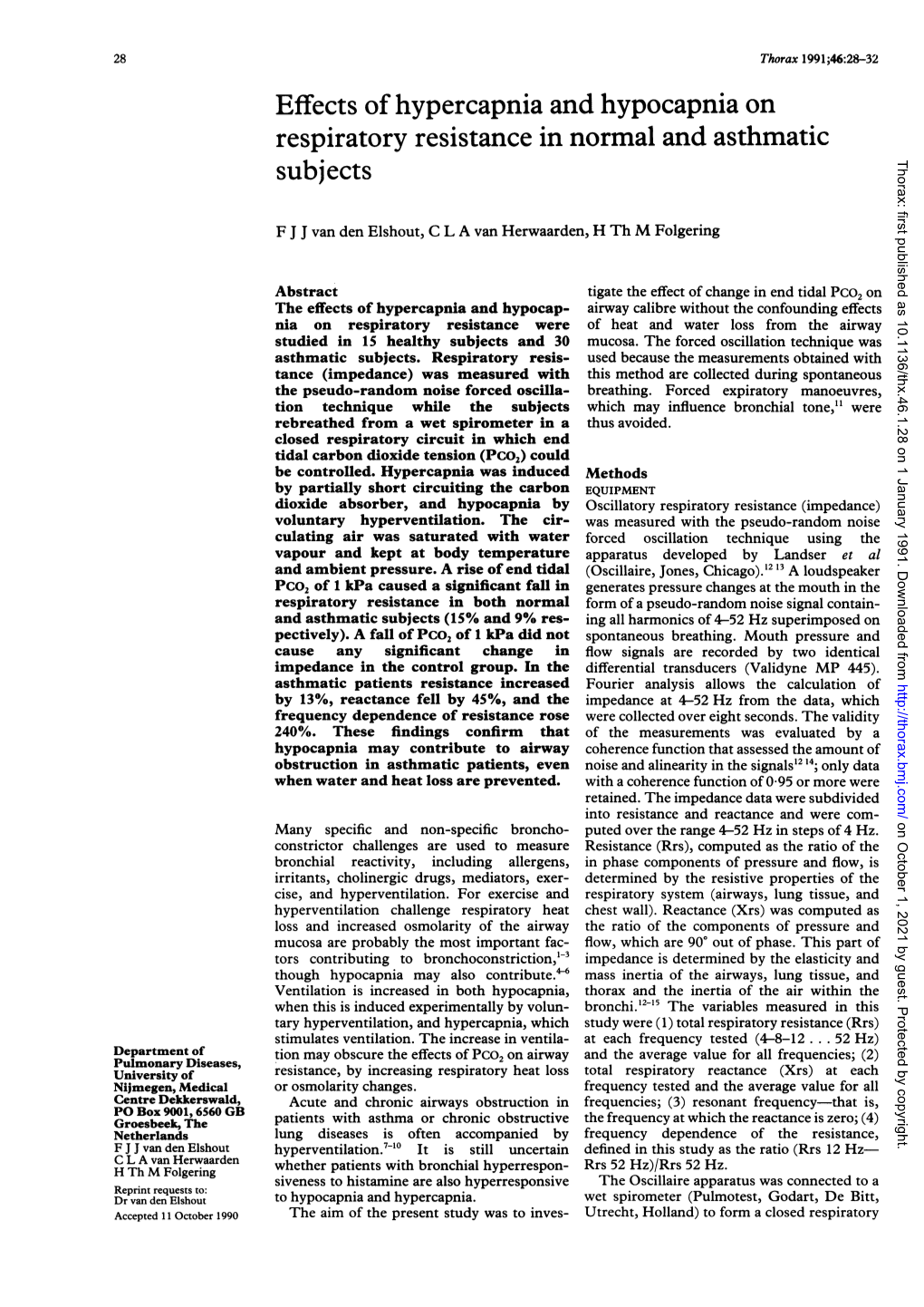 Effects of Hypercapnia and Hypocapnia on Respiratory Resistance in Normal and Asthmatic Subjects Thorax: First Published As 10.1136/Thx.46.1.28 on 1 January 1991