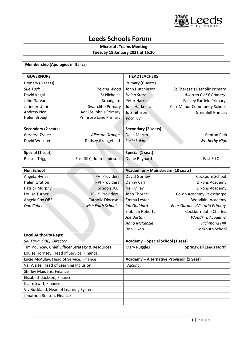 Leeds Schools Forum Microsoft Teams Meeting Tuesday 19 January 2021 at 16:30