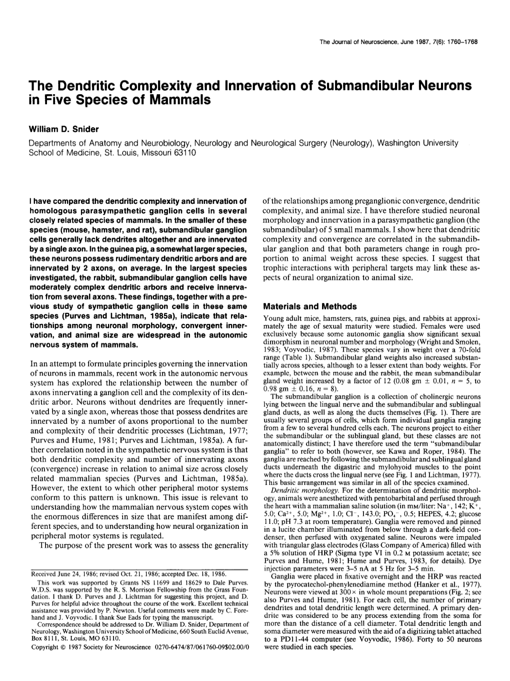 The Dendritic Complexity and Innervation of Submandibular Neurons in Five Species of Klamkals